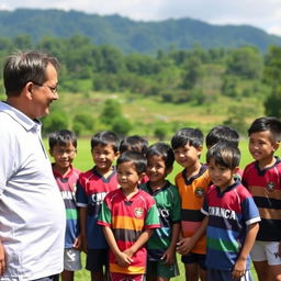 A nostalgic scene of a rugby coach with 12 children on a rugby field in Malaysia