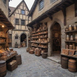 A vibrant medieval store filled with vintage articles like armor, tools, and manuscripts, surrounded by cobblestone streets.