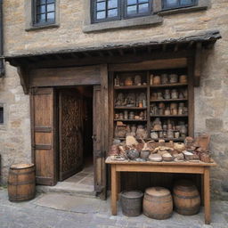 A vibrant medieval store filled with vintage articles like armor, tools, and manuscripts, surrounded by cobblestone streets.