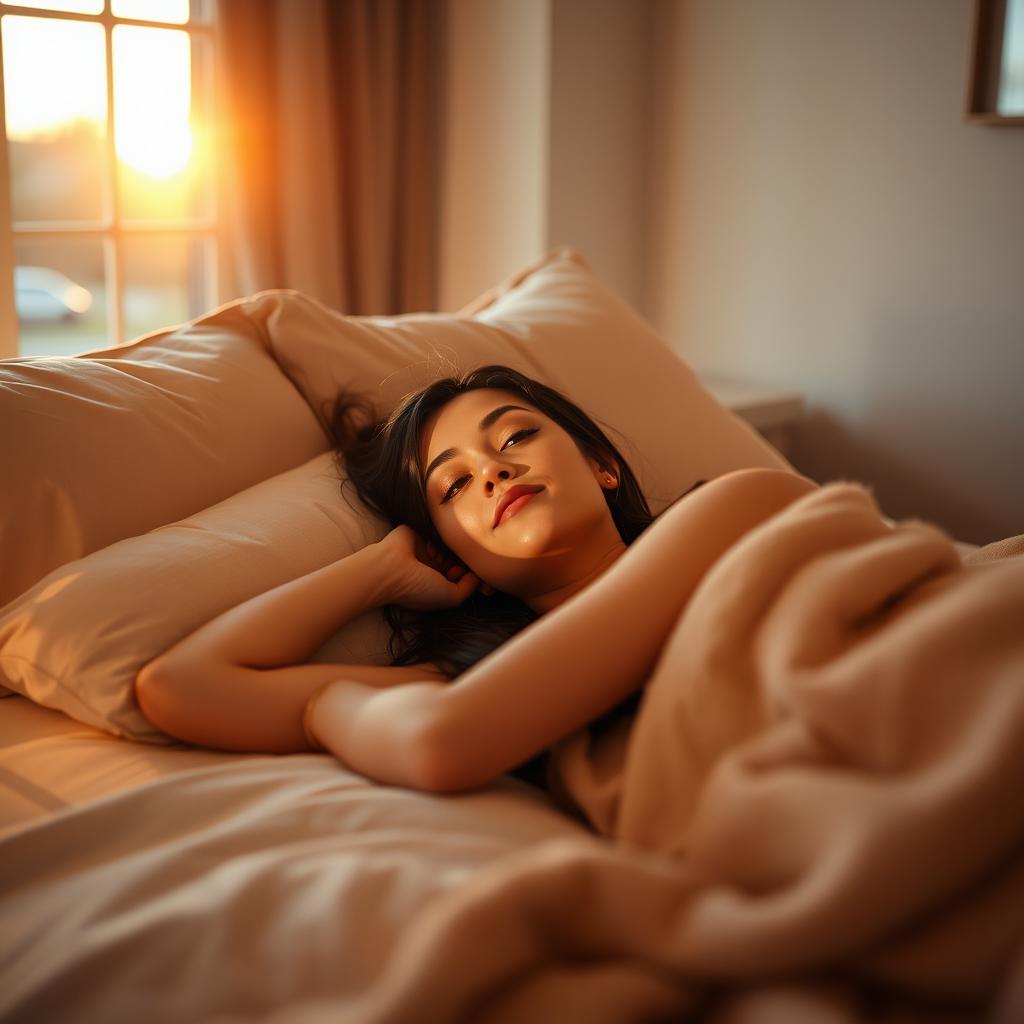 A woman lying down comfortably on a bed, surrounded by soft pillows and a cozy blanket