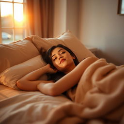 A woman lying down comfortably on a bed, surrounded by soft pillows and a cozy blanket