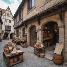 A vibrant medieval store filled with vintage articles like armor, tools, and manuscripts, surrounded by cobblestone streets.