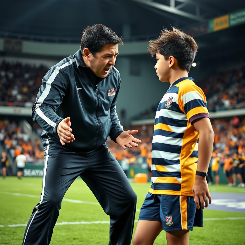 A tense scene in a stadium where a Malaysian rugby coach is angrily expressing frustration to a young male rugby player