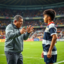 A tense scene in a stadium where a Malaysian rugby coach is angrily expressing frustration to a young male rugby player