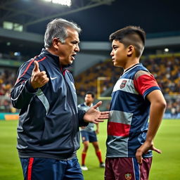 A tense scene in a stadium where a Malaysian rugby coach is angrily expressing frustration to a young male rugby player