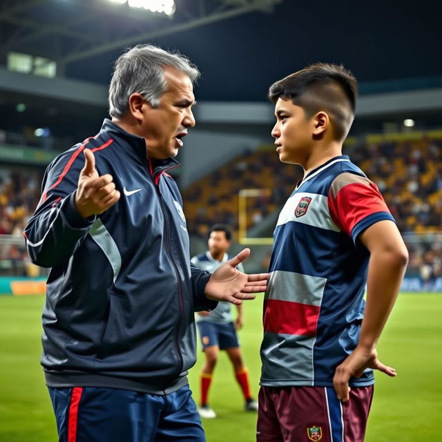 A tense scene in a stadium where a Malaysian rugby coach is angrily expressing frustration to a young male rugby player