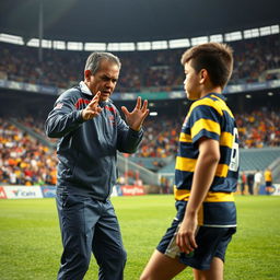 A tense scene in a stadium where a Malaysian rugby coach is angrily expressing frustration to a young male rugby player