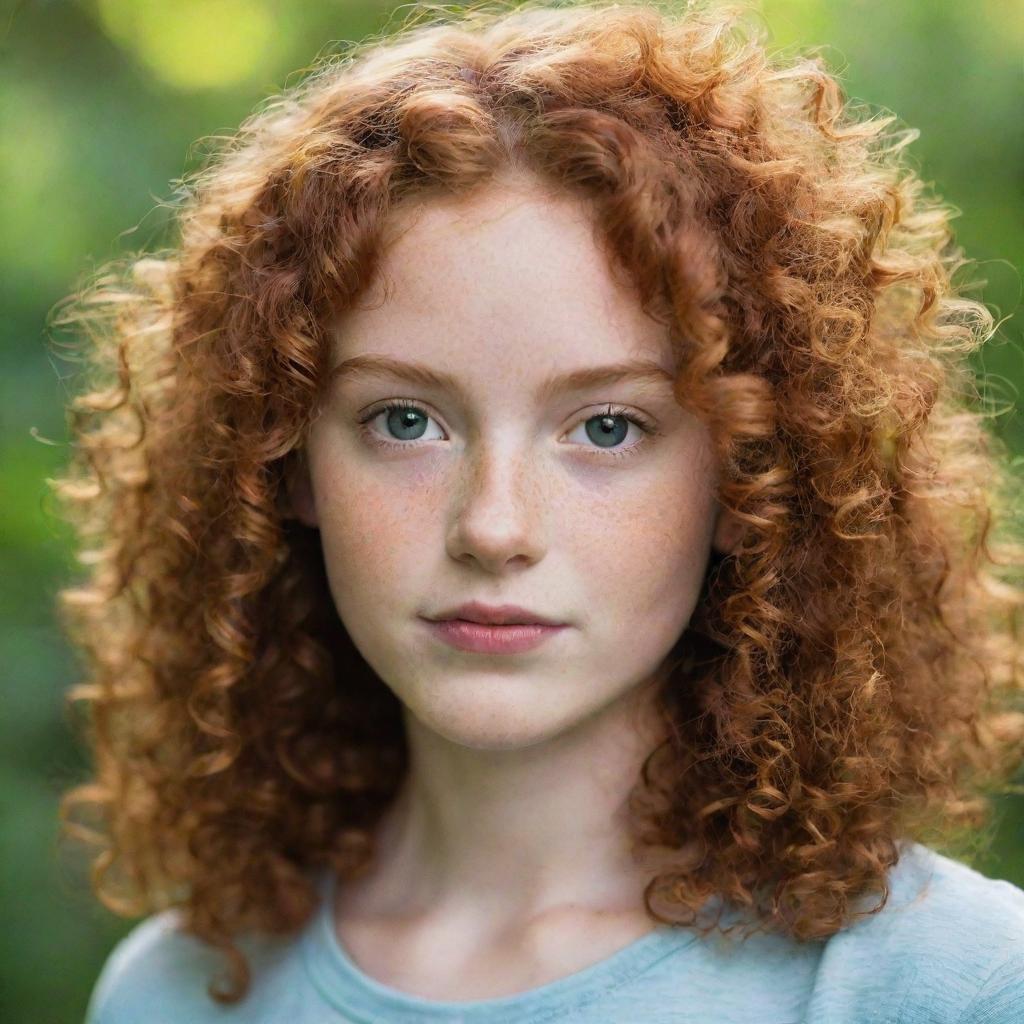 A young, redhead girl with curly hair in a natural setting