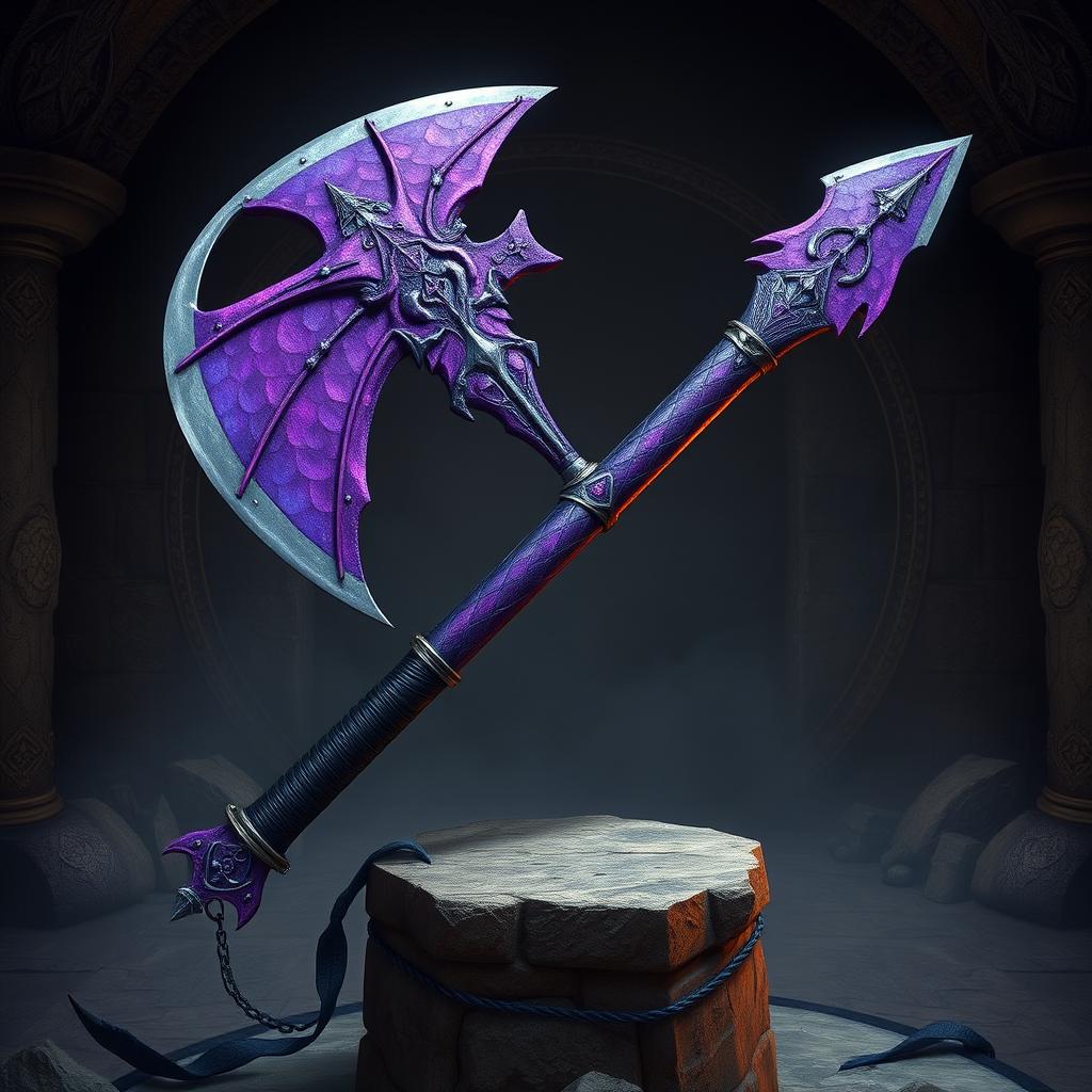 A magnificent, two-handed purple axe crafted from the scales of a dragon, exuding an aura of mystical power