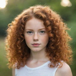 A young, redhead girl with curly hair in a natural setting