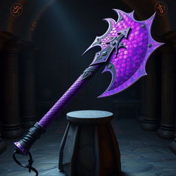 A magnificent, two-handed purple axe crafted from the scales of a dragon, exuding an aura of mystical power