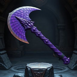 A magnificent, two-handed purple axe crafted from the scales of a dragon, exuding an aura of mystical power