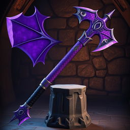 A magnificent, two-handed purple axe crafted from the scales of a dragon, exuding an aura of mystical power