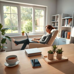 A serene and balanced digital scene depicting a person practicing digital wellbeing strategies in their home office