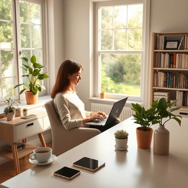 A serene and balanced digital scene depicting a person practicing digital wellbeing strategies in their home office