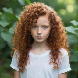 A young, redhead girl with curly hair in a natural setting