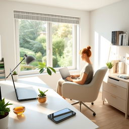 A serene and balanced digital scene depicting a person practicing digital wellbeing strategies in their home office