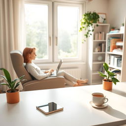 A serene and balanced digital scene depicting a person practicing digital wellbeing strategies in their home office