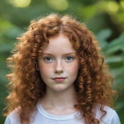 A young, redhead girl with curly hair in a natural setting