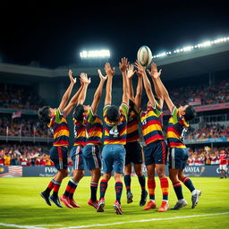 A dynamic image capturing a line-out in a rugby match featuring seven young Malaysian players