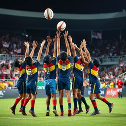 A dynamic image capturing a line-out in a rugby match featuring seven young Malaysian players