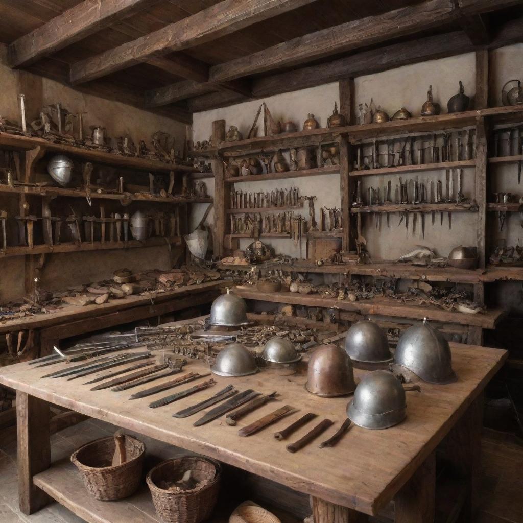 A medieval weapon store filled with weapons like swords, maces, crossbows, displayed on wooden racks. Counters adorned with small tools of warfare, the shopkeeper polishing a knight's helmet.