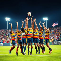 A dynamic image capturing a line-out in a rugby match featuring seven young Malaysian players