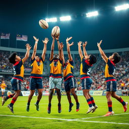 A dynamic image capturing a line-out in a rugby match featuring seven young Malaysian players