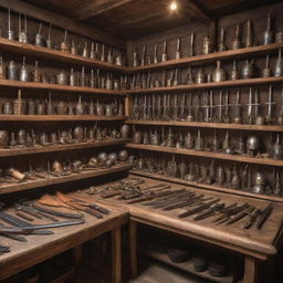 A medieval weapon store filled with weapons like swords, maces, crossbows, displayed on wooden racks. Counters adorned with small tools of warfare, the shopkeeper polishing a knight's helmet.