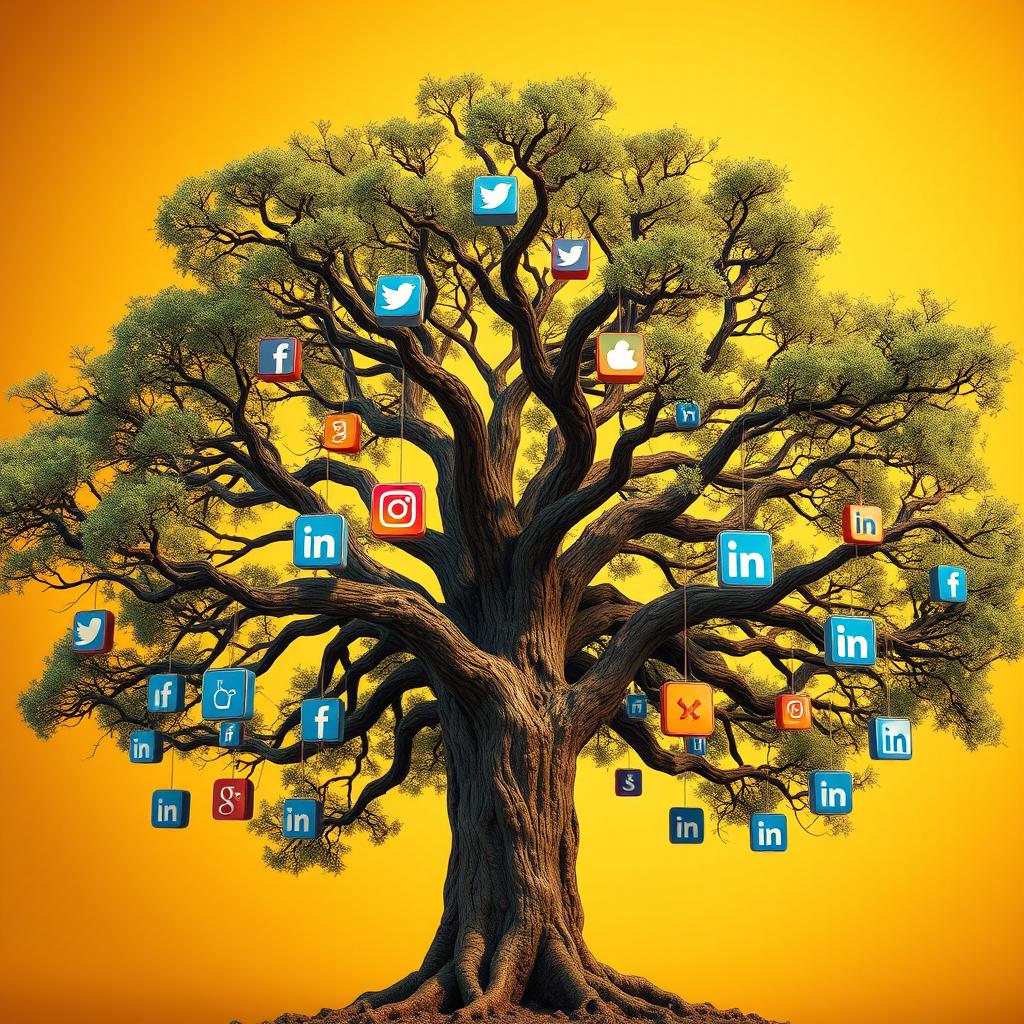 A magnificent, ultra-realistic 8k image of a tree with multiple branches, each ending in a unique social media icon