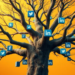 A magnificent, ultra-realistic 8k image of a tree with multiple branches, each ending in a unique social media icon