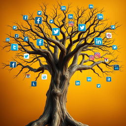 A magnificent, ultra-realistic 8k image of a tree with multiple branches, each ending in a unique social media icon