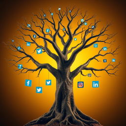 A magnificent, ultra-realistic 8k image of a tree with multiple branches, each ending in a unique social media icon