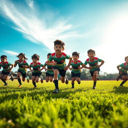 An energetic scene capturing seven young Malaysian rugby players running across a sunlit field