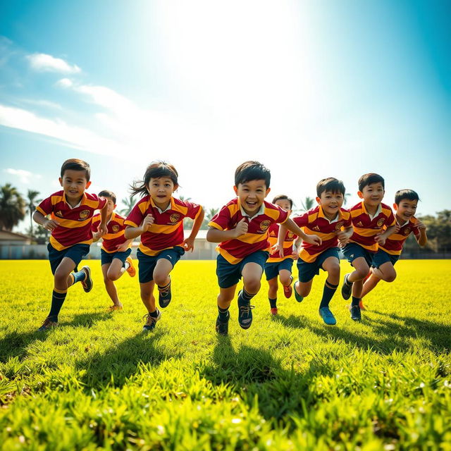 An energetic scene capturing seven young Malaysian rugby players running across a sunlit field