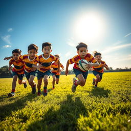 An energetic scene capturing seven young Malaysian rugby players running across a sunlit field