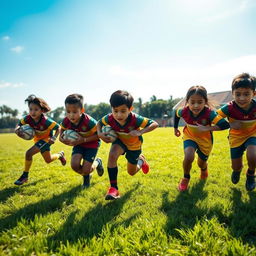 An energetic scene capturing seven young Malaysian rugby players running across a sunlit field