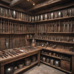 A medieval weapon store filled with weapons like swords, maces, crossbows, displayed on wooden racks. Counters adorned with small tools of warfare, the shopkeeper polishing a knight's helmet.