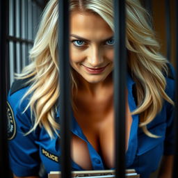 Extreme close-up of a sexy blonde police officer, exuding authority and allure