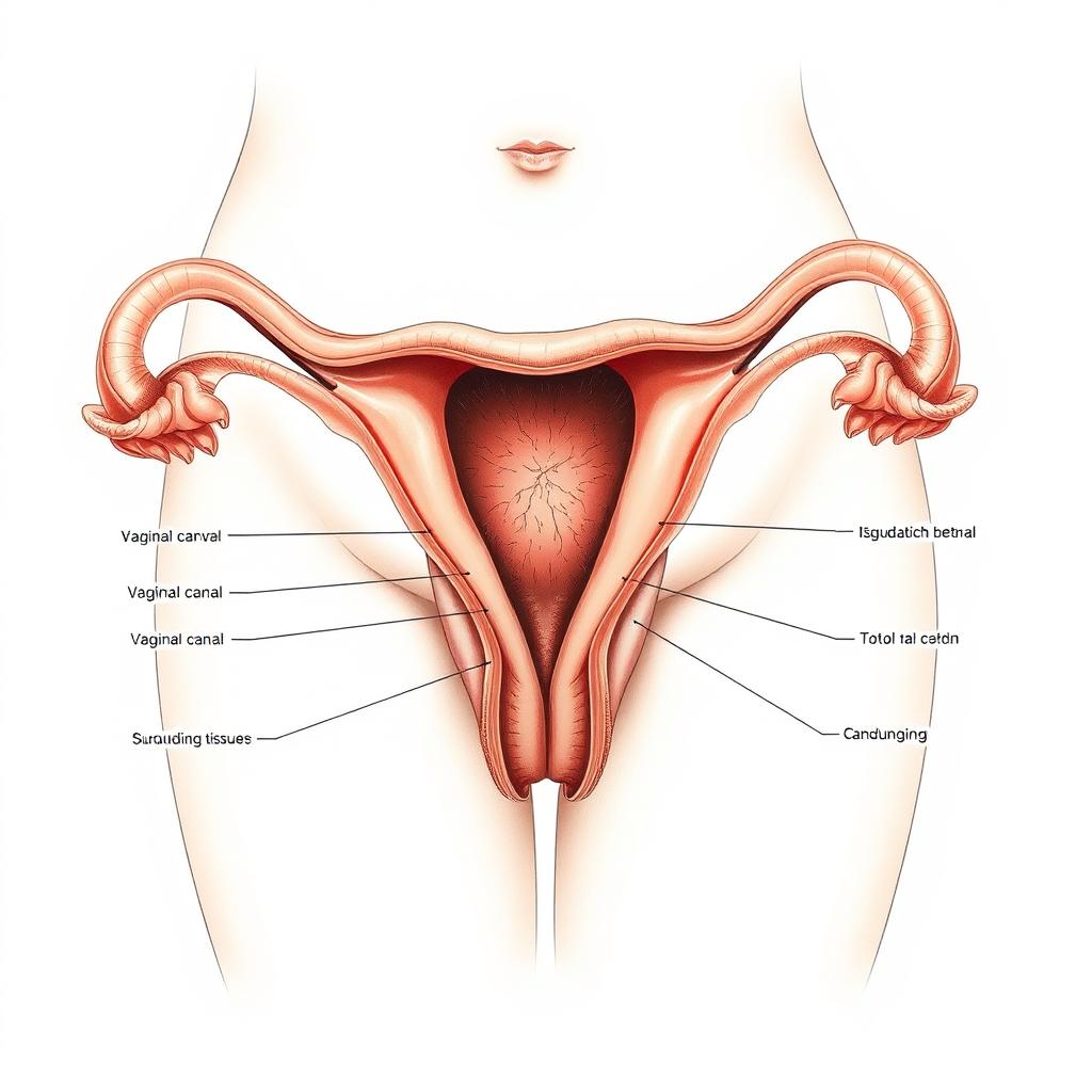 A detailed anatomical illustration of the human vagina, showcasing its intricate structure and layers