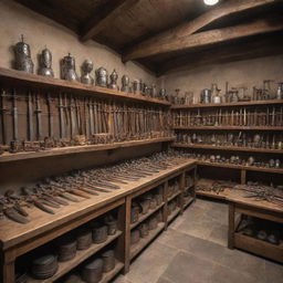 A medieval weapon store filled with weapons like swords, maces, crossbows, displayed on wooden racks. Counters adorned with small tools of warfare, the shopkeeper polishing a knight's helmet.