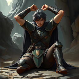 a character in a fantasy themed armor inspired attire, sitting with arms positioned overhead in a dramatic way, dynamic pose depicting a sense of adventure, intricate scenery, powerful and confident expression