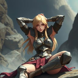 a character in a fantasy themed armor inspired attire, sitting with arms positioned overhead in a dramatic way, dynamic pose depicting a sense of adventure, intricate scenery, powerful and confident expression