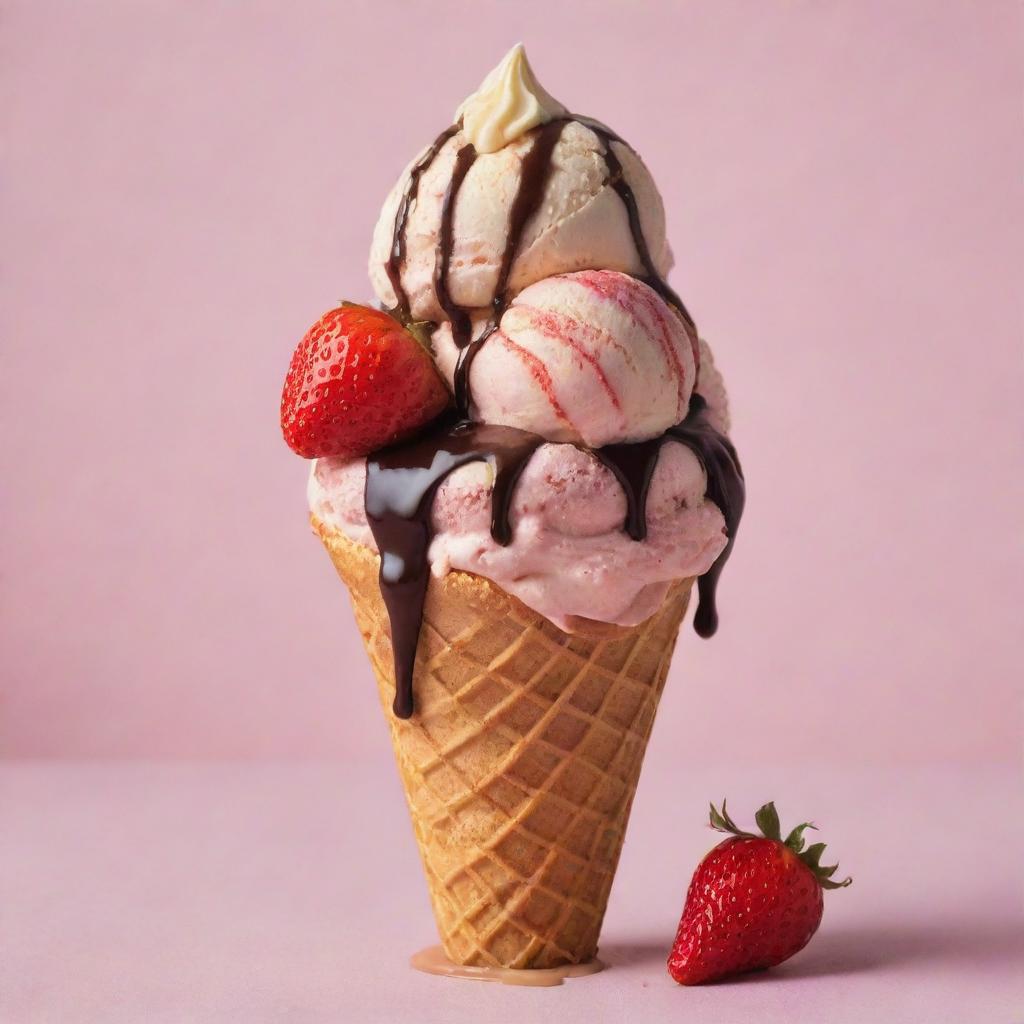 A delicious, multi-layered ice cream with a scoop of vanilla, another of strawberry, drizzled in chocolate sauce, served in a crispy waffle cone against a pastel backdrop