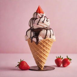 A delicious, multi-layered ice cream with a scoop of vanilla, another of strawberry, drizzled in chocolate sauce, served in a crispy waffle cone against a pastel backdrop