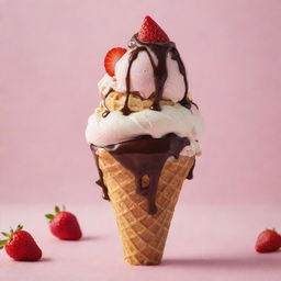 A delicious, multi-layered ice cream with a scoop of vanilla, another of strawberry, drizzled in chocolate sauce, served in a crispy waffle cone against a pastel backdrop