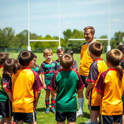 A group of young rugby players in a practice session with their handsome coach