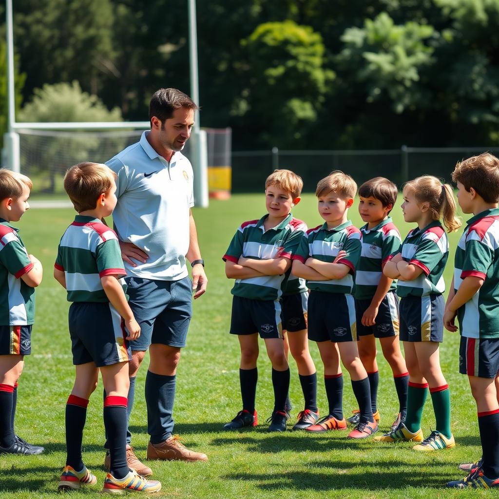 A group of young rugby players in a practice session with their handsome coach