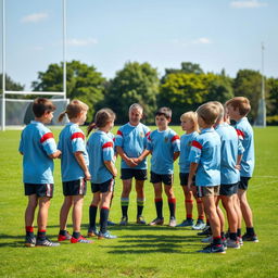 A group of young rugby players in a practice session with their handsome coach