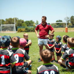 A group of young rugby players in a practice session with their handsome coach